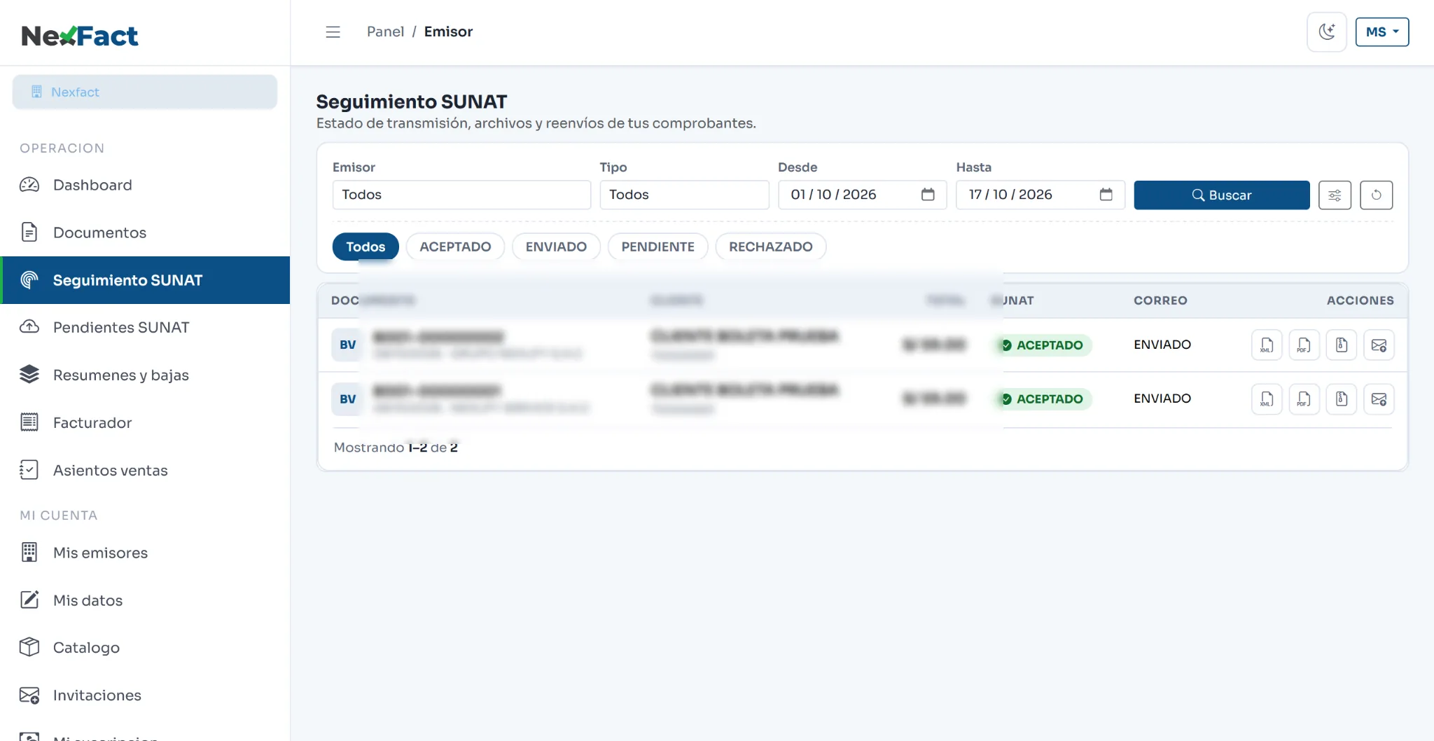 Pantalla real de NexFact: seguimiento SUNAT, filtros por emisor y tipo de documento, estados y acciones de comprobantes